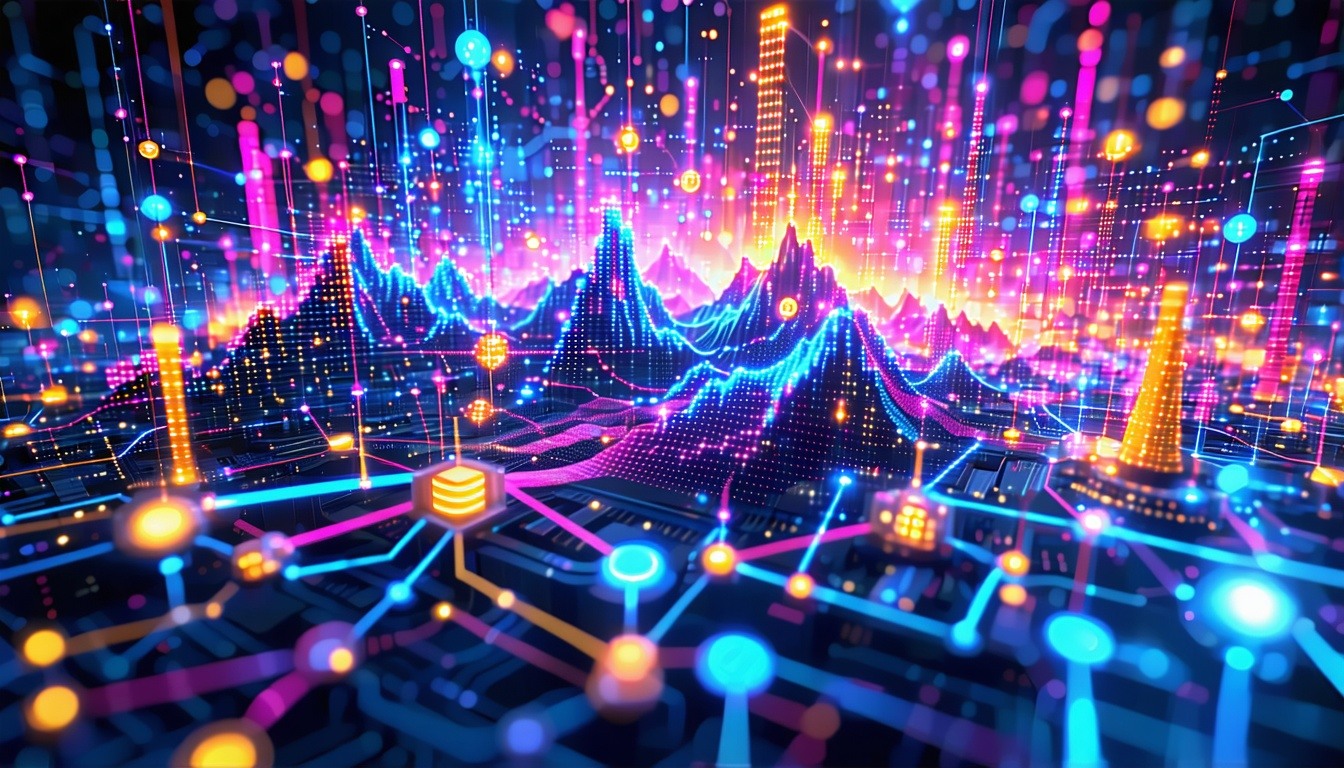 The image bursts with vibrant colors and intricate patterns visually representing the dynamic landscape of physical and logical trading systems alongside data connectivity infrastructure It illustrates a complex web of interconnected components highl